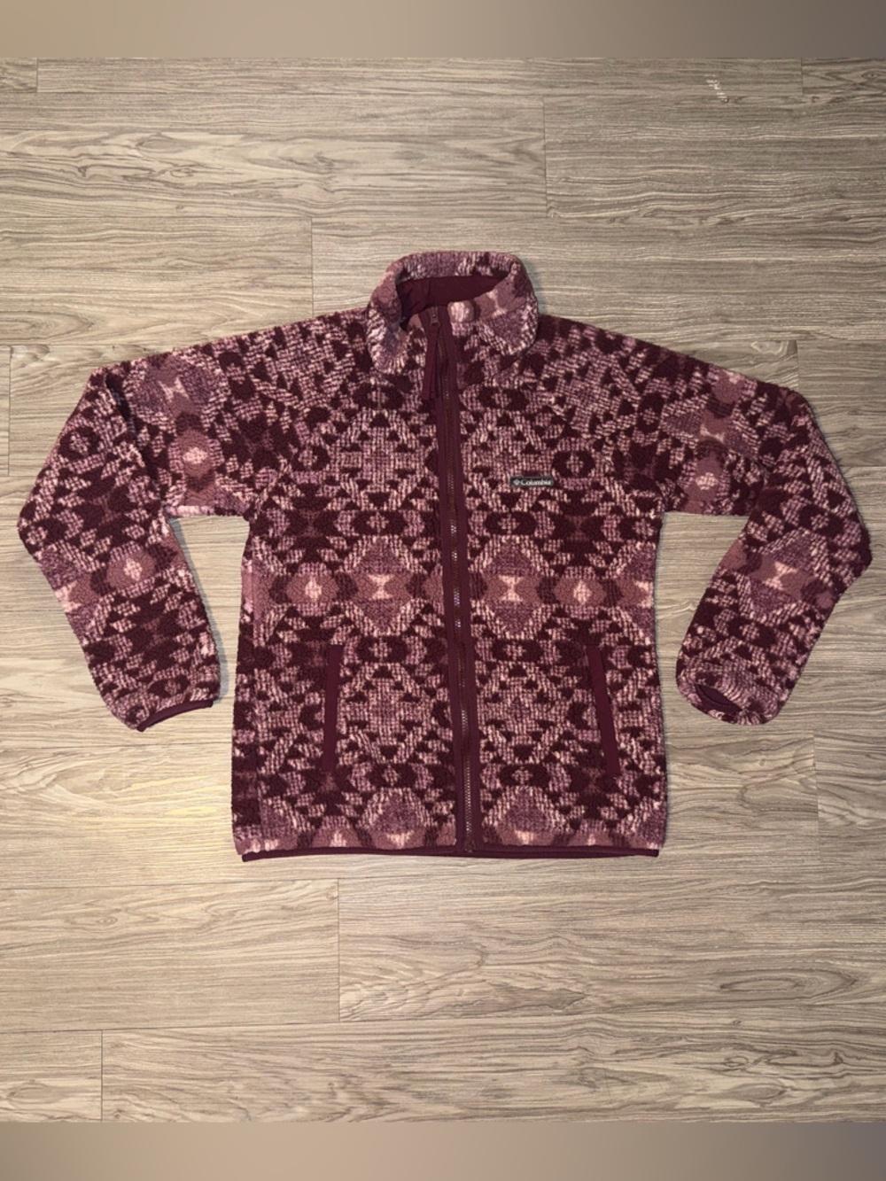 Columbia Jacket Full Zip Burgundy & Pink Aztec Print Soft Fleece Womens Sz XS